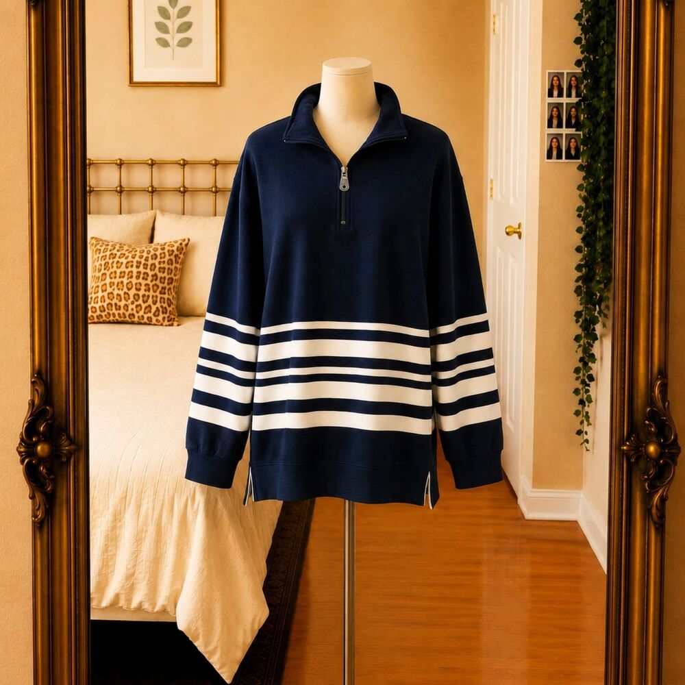 Pacer Navy Blue White Stripe Half Zip Up Pullover Sweatshirt S Nautical Coastal